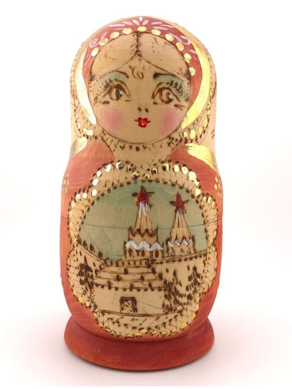 Set of 5 Russian Nesting Dolls Pyrography Hand Painted Wood Matryoshka 6.25"